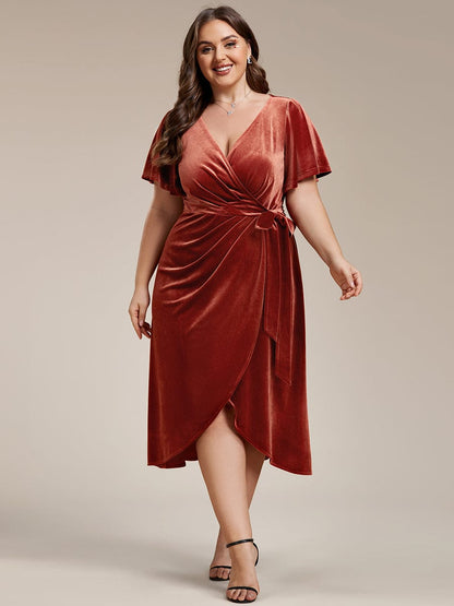 Plus Size V-Neck Ruffles Sleeve Velvet One-Piece Type Wedding Guest Dress #color_Brick Red