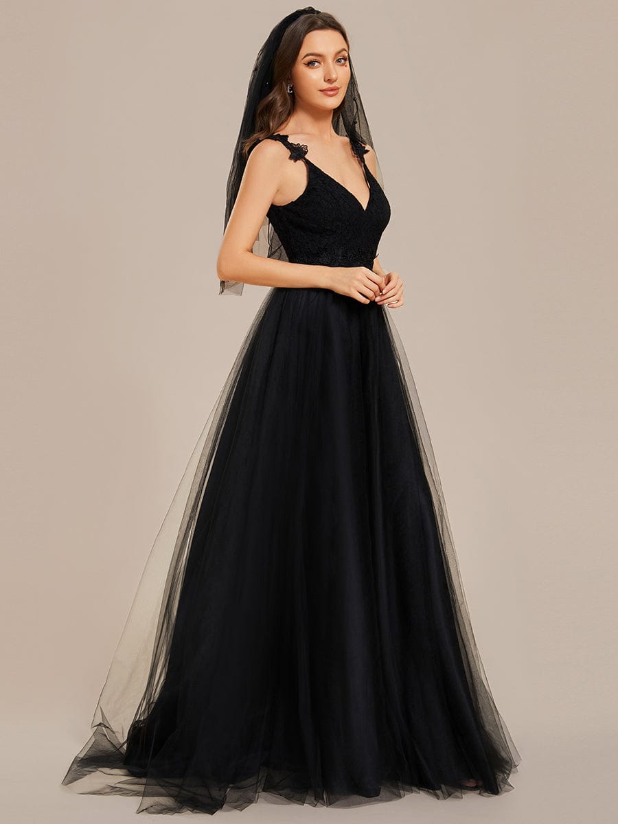 Double V Neck Lace Bodice Open Back Tulle Wedding Dress #color_Black