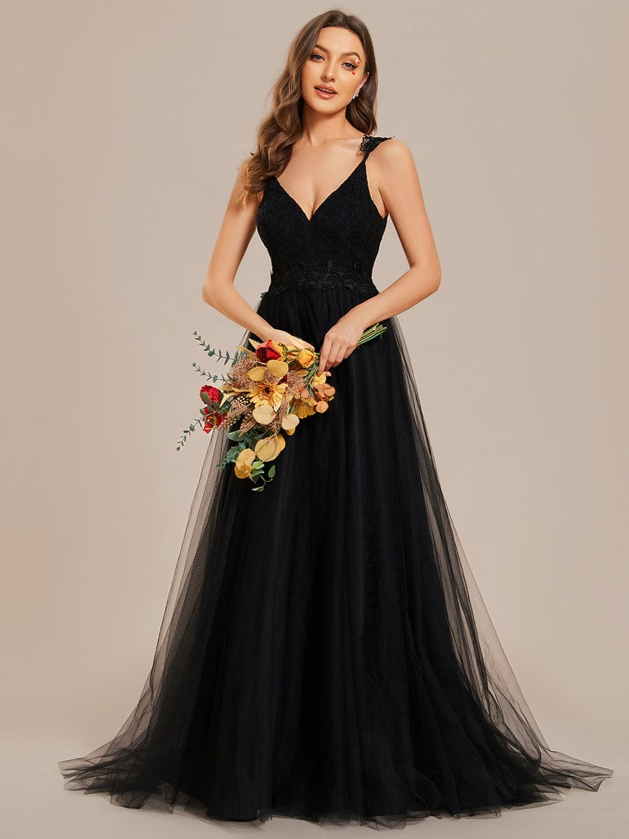 Double V Neck Lace Bodice Floor Length A-Line Wedding Dress #color_Black