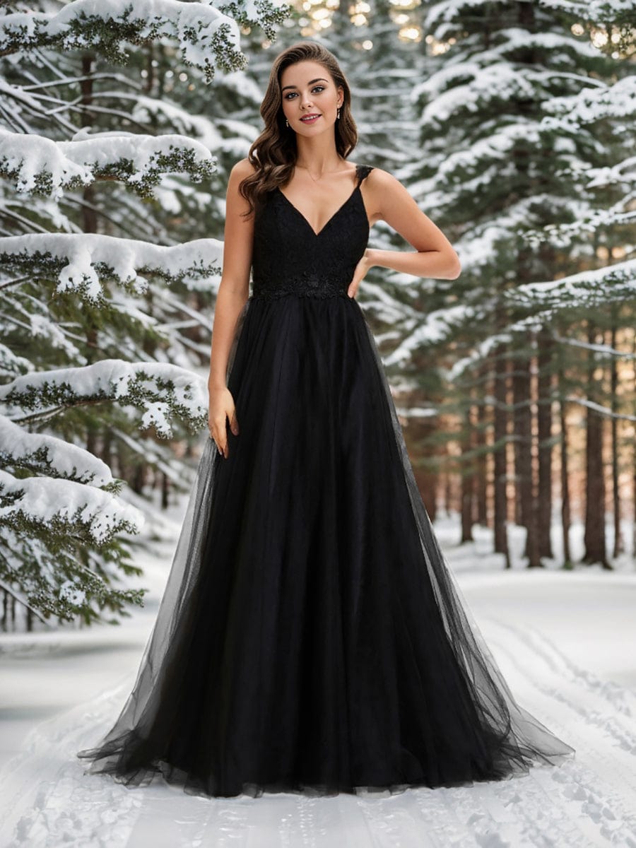 Double V Neck Lace Bodice Open Back Tulle Wedding Dress #color_Black