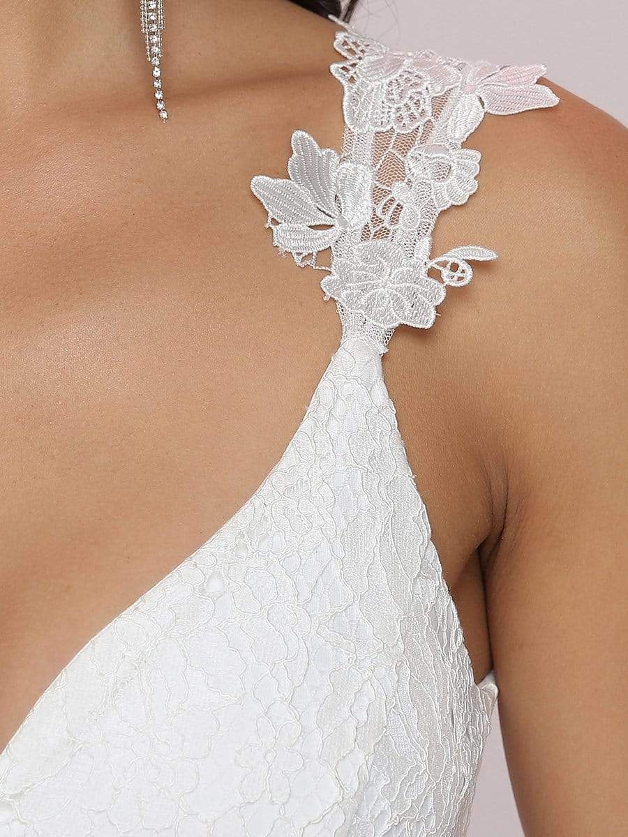 Double V Neck Lace Bodice Open Back Tulle Wedding Dress #color_Cream