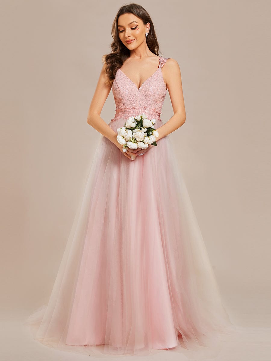 Double V Neck Lace Bodice Open Back Tulle Wedding Dress #color_Pink