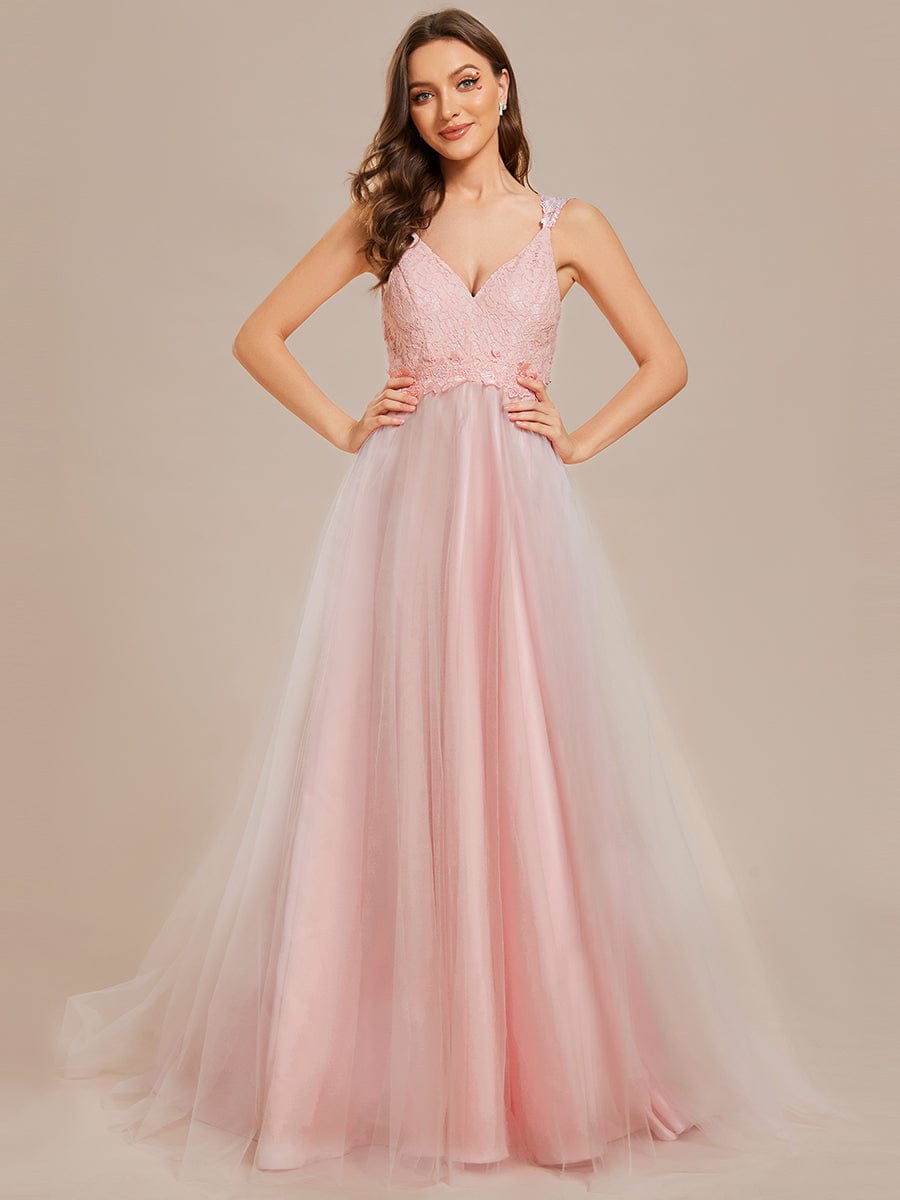 Double V Neck Lace Bodice Floor Length A-Line Wedding Dress #color_Pink