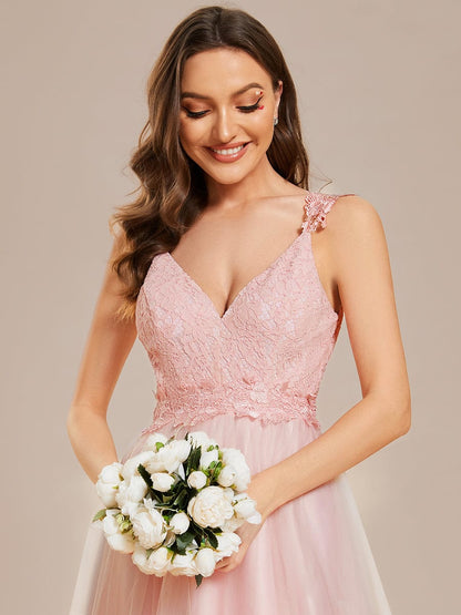 Double V Neck Lace Bodice Open Back Tulle Wedding Dress #color_Pink