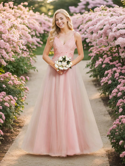 Double V Neck Lace Bodice Floor Length A-Line Wedding Dress #color_Pink