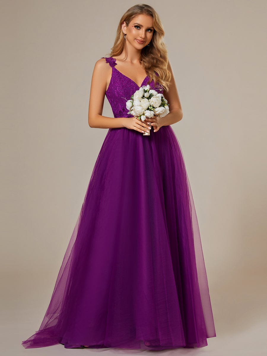 Double V Neck Lace Bodice Open Back Tulle Wedding Dress #color_Purple Wisteria