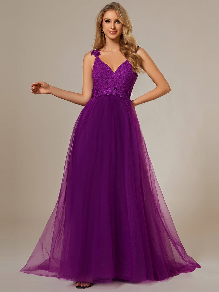 Double V Neck Lace Bodice Floor Length A-Line Wedding Dress #color_Purple Wisteria