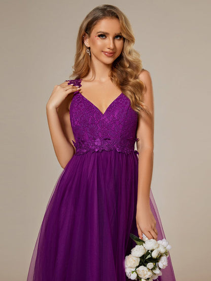 Double V Neck Lace Bodice Open Back Tulle Wedding Dress #color_Purple Wisteria