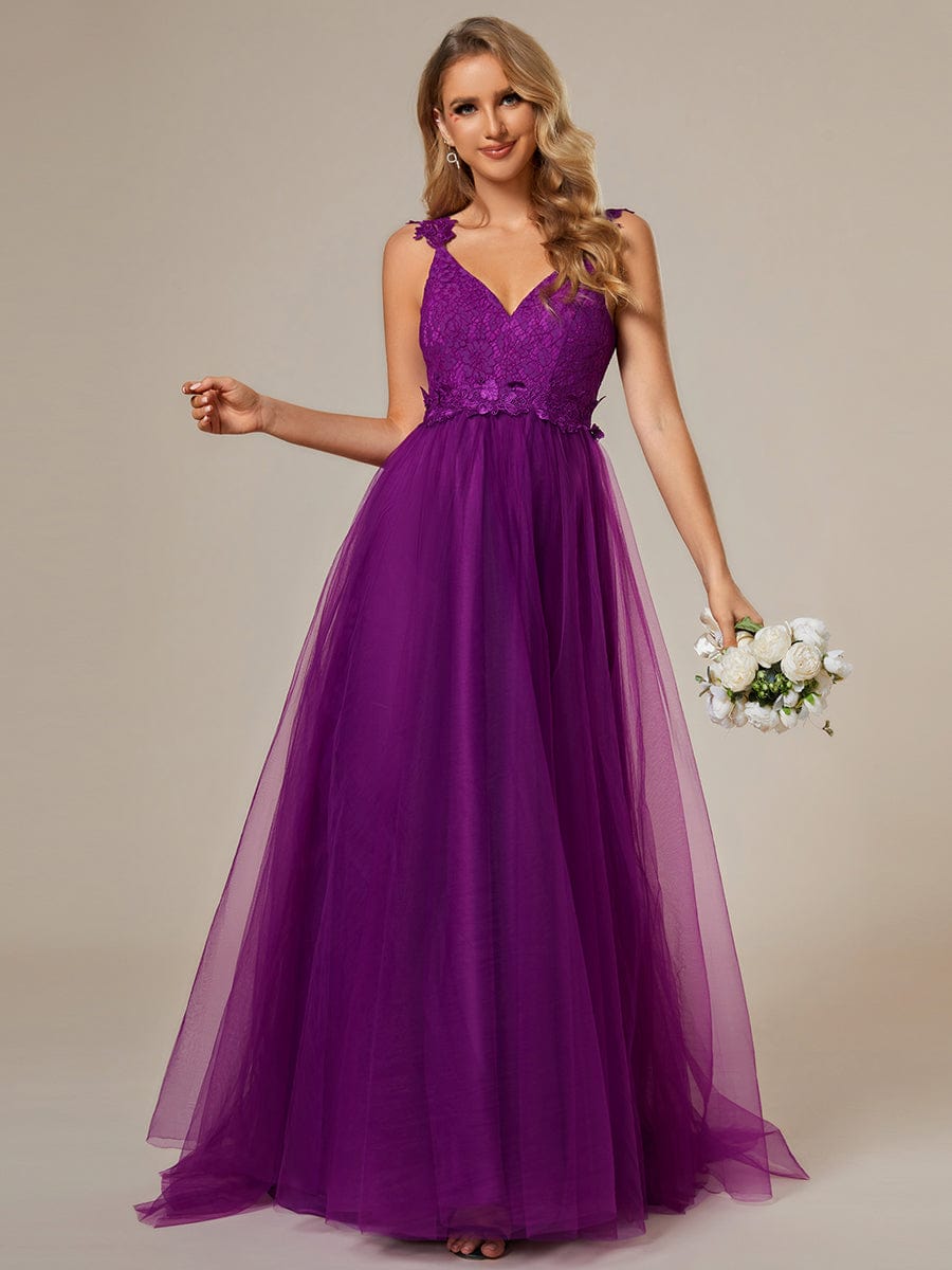 Double V Neck Lace Bodice Floor Length A-Line Wedding Dress #color_Purple Wisteria