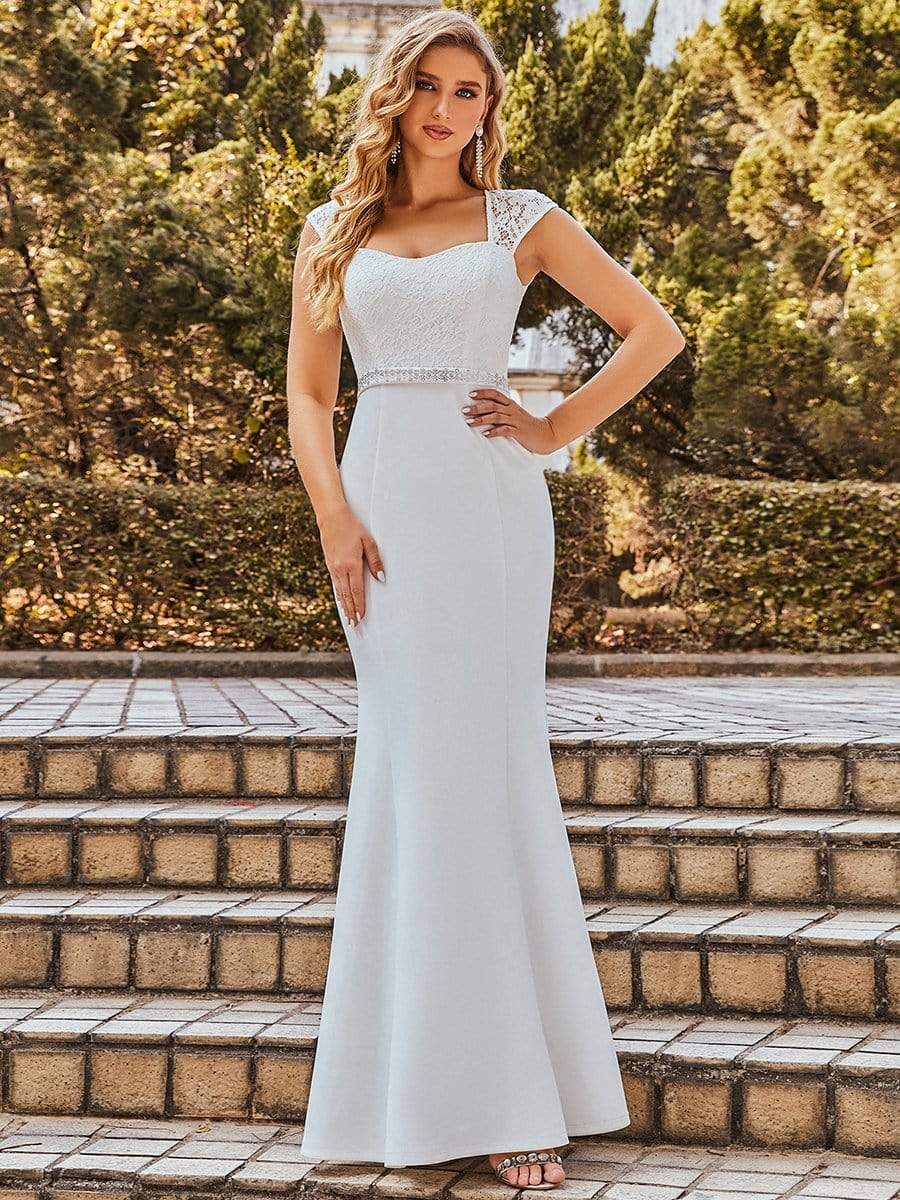 Simple Cap Sleeve Sweetheart Mermaid Style Wedding Dress #color_Cream 