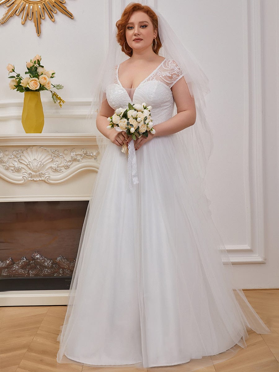 Elegant Cap Sleeves V-Neck Applique A-Line Wedding Dress #color_Cream