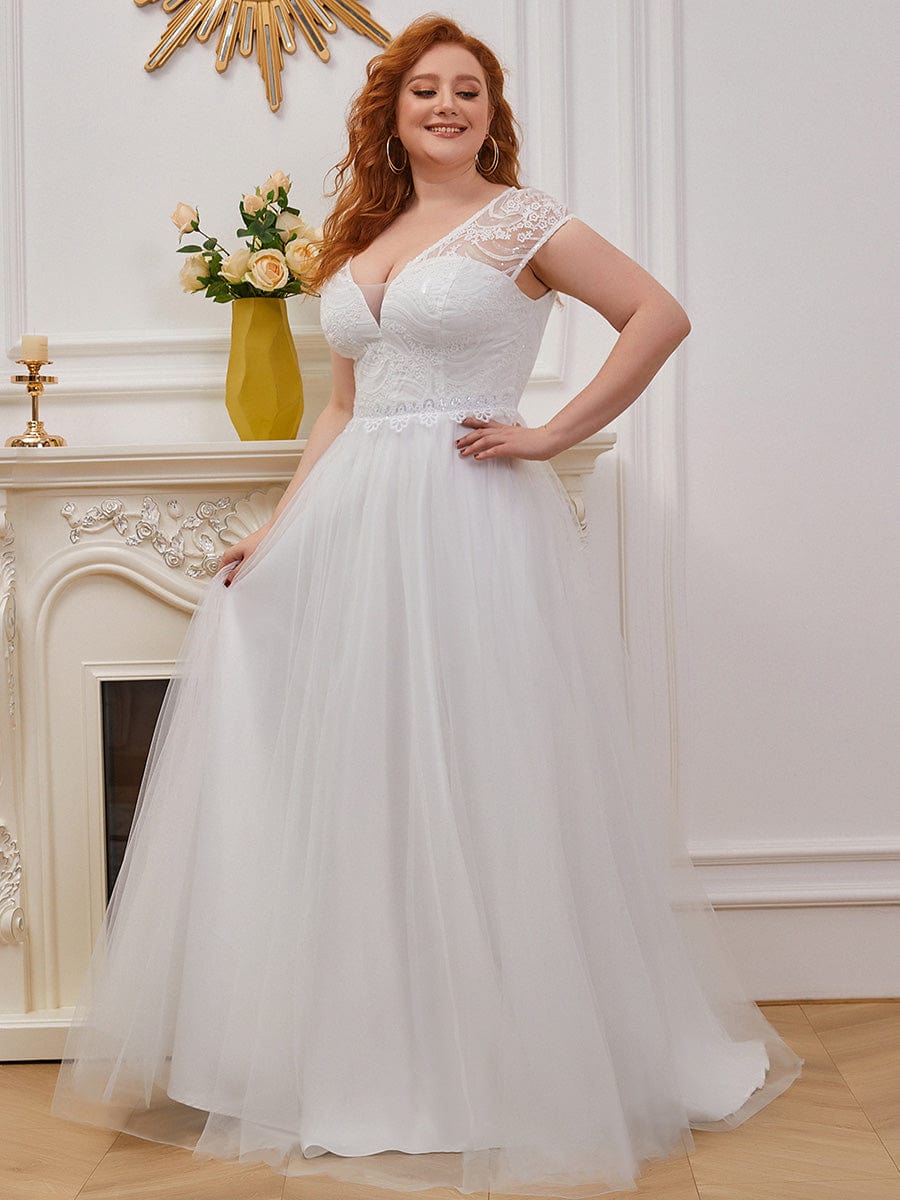 Elegant Cap Sleeves V-Neck Applique A-Line Wedding Dress #color_Cream