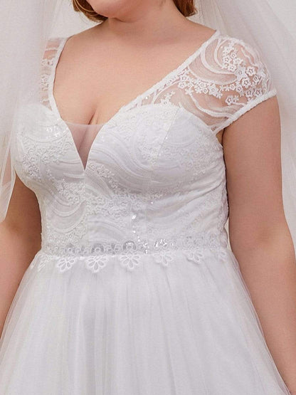 Elegant Cap Sleeves V-Neck Applique A-Line Wedding Dress #color_Cream