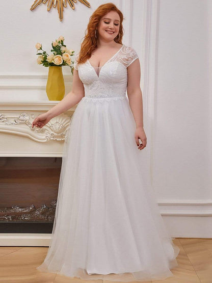 Plus Size Lace Cap Sleeves Casual Applique Outdoor  Wedding Dress