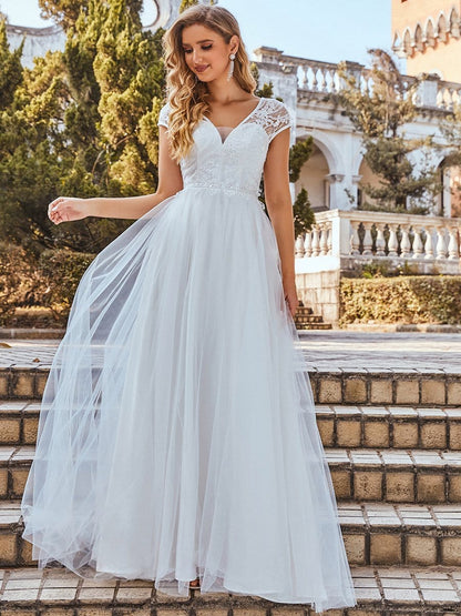 Elegant Cap Sleeves Casual Applique Outdoor Wedding Dress #color_Cream