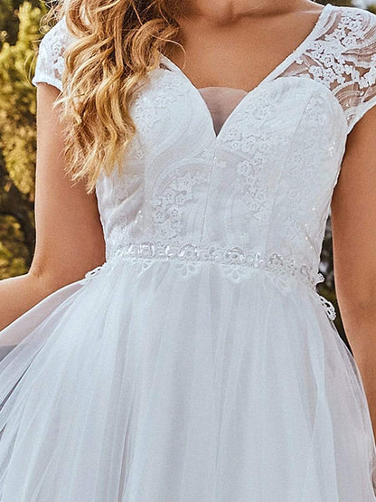 Elegant Cap Sleeves Casual Applique Outdoor Wedding Dress #color_Cream