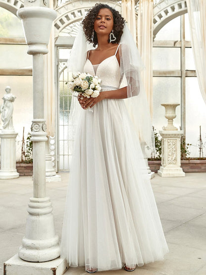 Lace V-Neck Spaghetti Strap Empire Waist Tulle Wedding Dress #color_Ivory