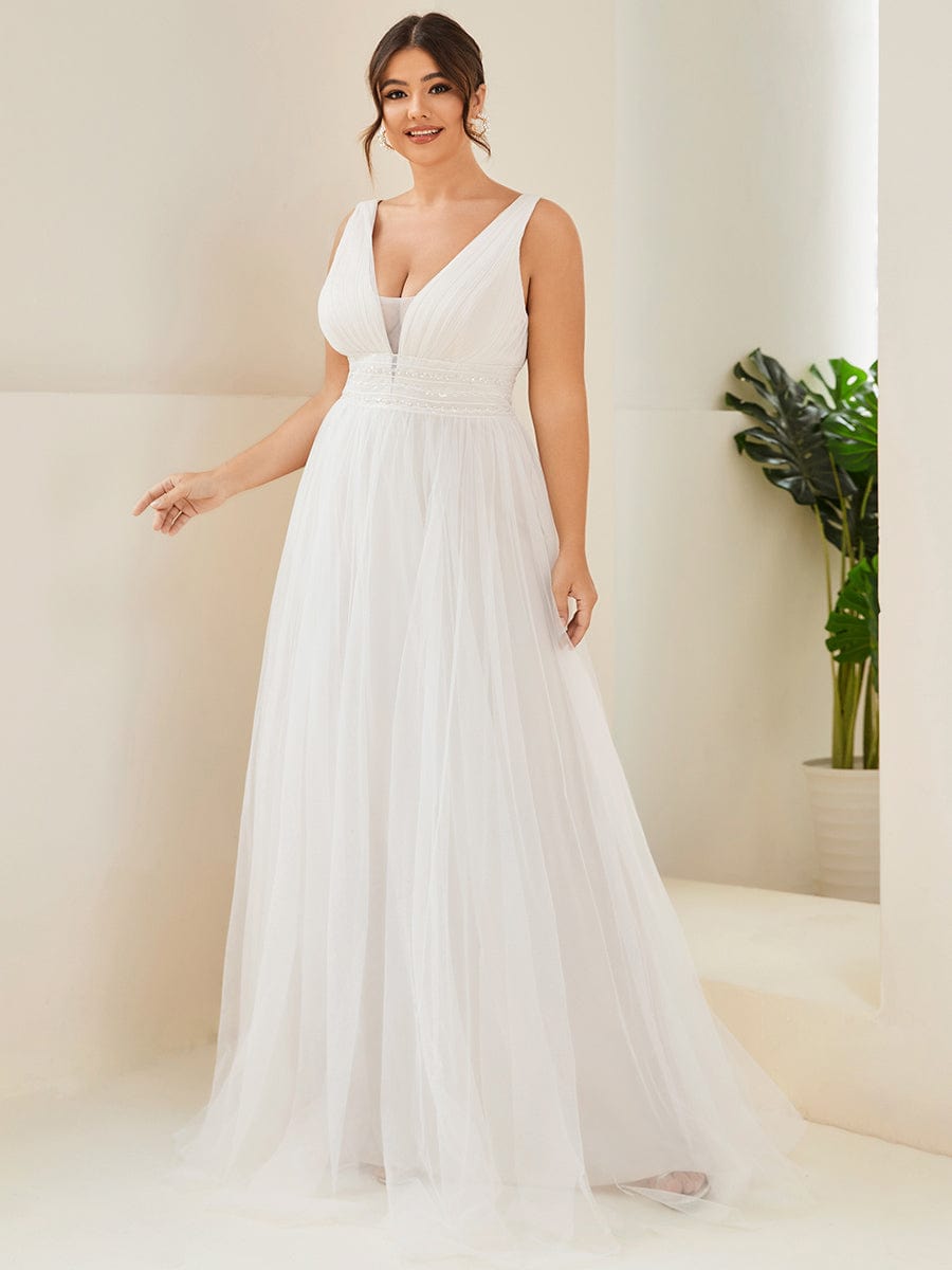 Plus Size Empire Waist Sleeveless Lace Sheer A-Line Wedding Dress #color_Ivory