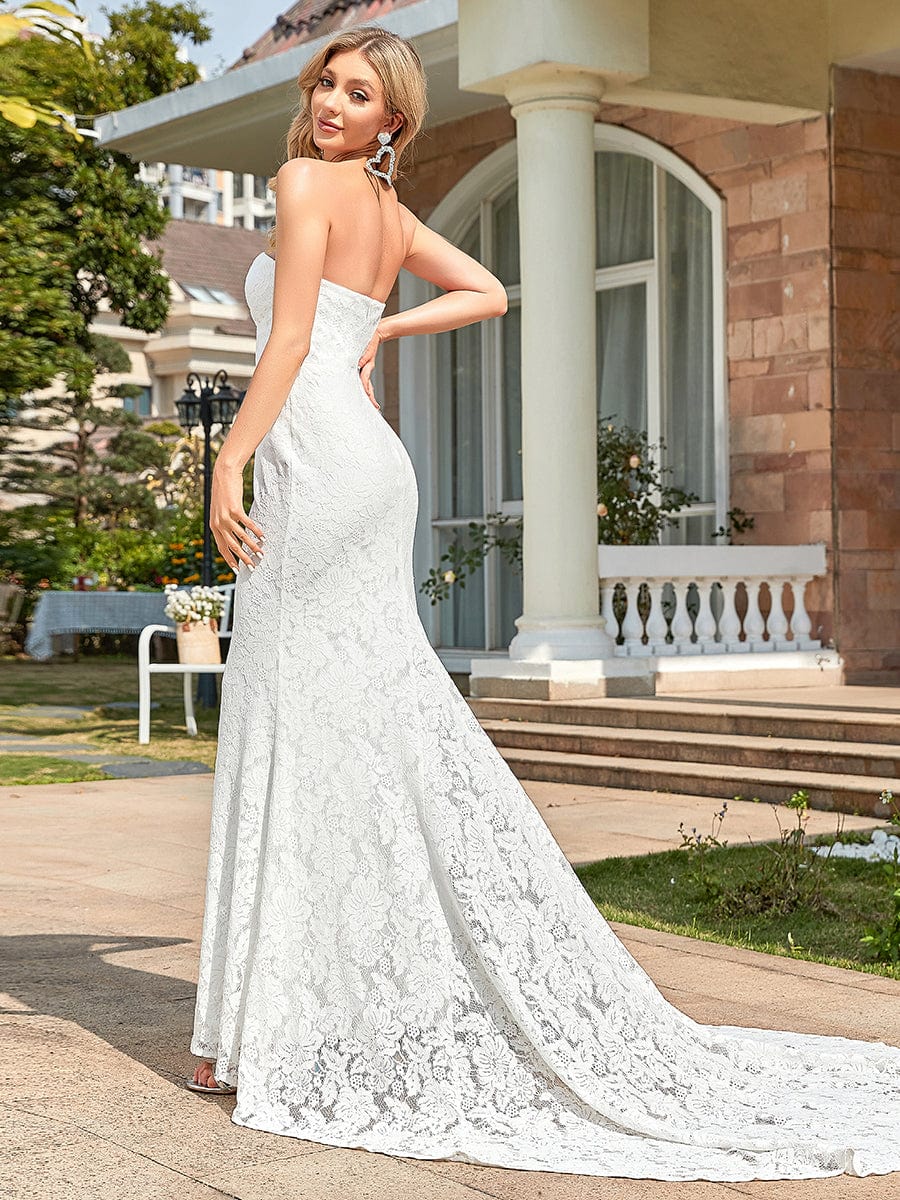 Elegant Strapless Lace Fit and Flare Causal Wedding Dress #color_White