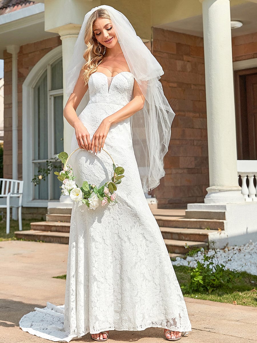 Elegant Strapless Lace Fit and Flare Causal Wedding Dress #color_White