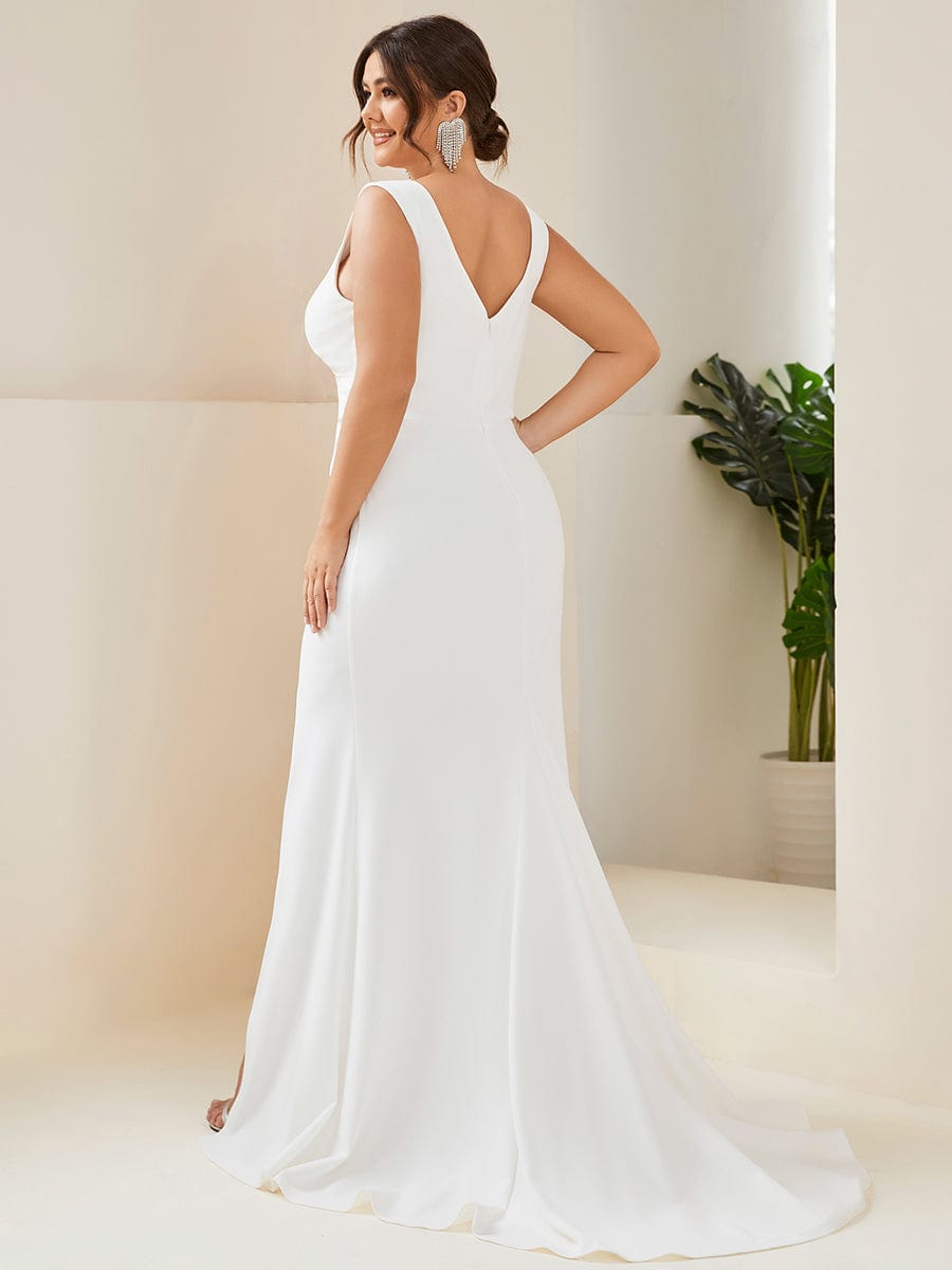 Ruched Bodycon Deep V-Neck Sleeveless Simple Wedding Dress #color_White