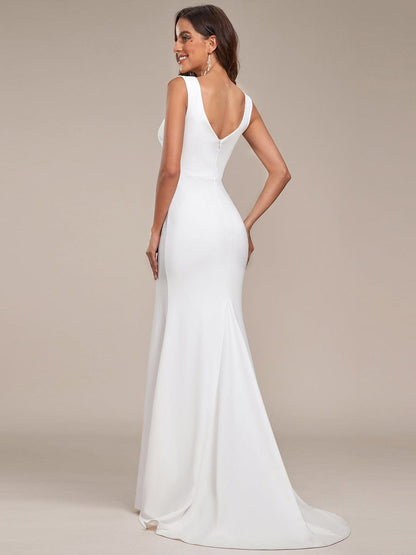 Ruched Bodycon Deep V-Neck Sleeveless Simple Wedding Dress #color_White