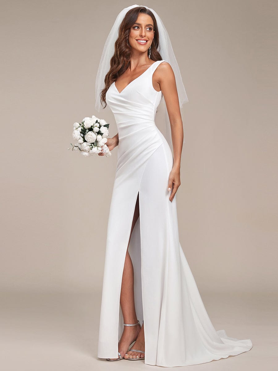 Ruched Bodycon Deep V-Neck Sleeveless Simple Wedding Dress #color_White