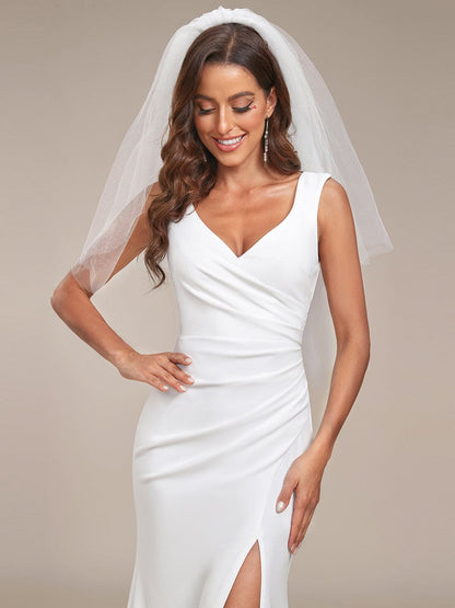 Ruched Bodycon Deep V-Neck Sleeveless Simple Wedding Dress #color_White