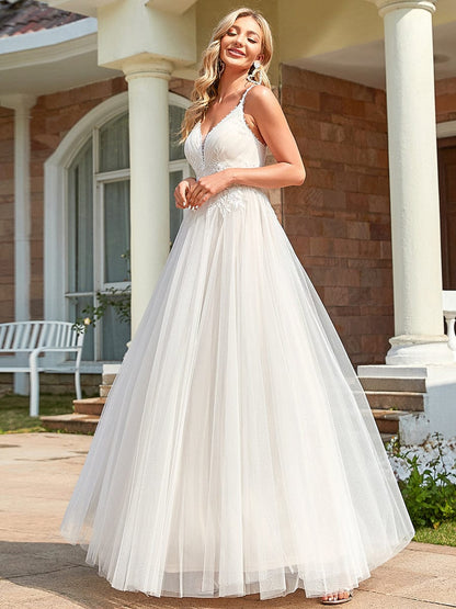 Tulle Floral Spaghetti Strap Illusion V-Neck A-Line Wedding Dress #color_Ivory 