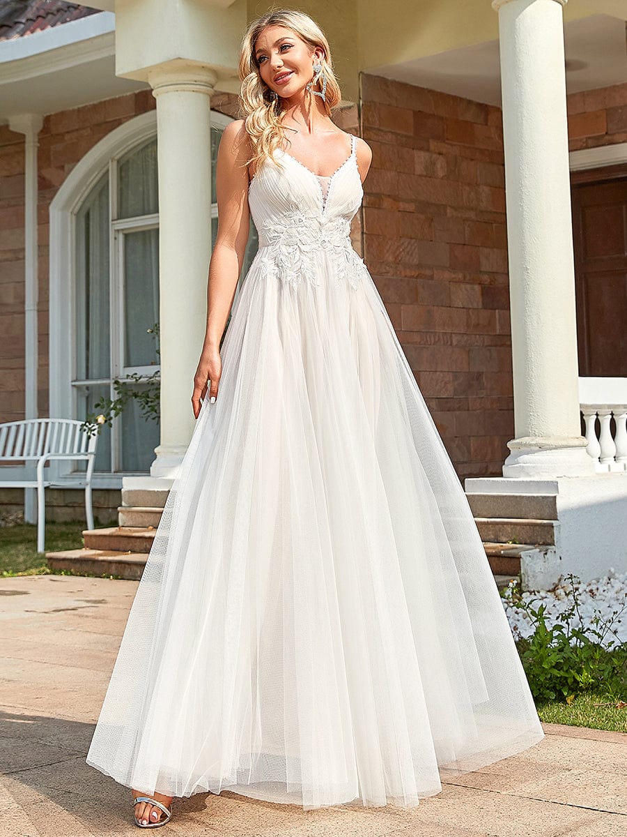 Tulle Floral Spaghetti Strap Illusion V-Neck A-Line Wedding Dress #color_Ivory 