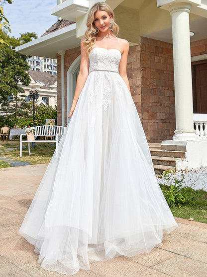 Lace Sweetheart Strapless Tulle Belted A-line Wedding Dress #color_Ivory