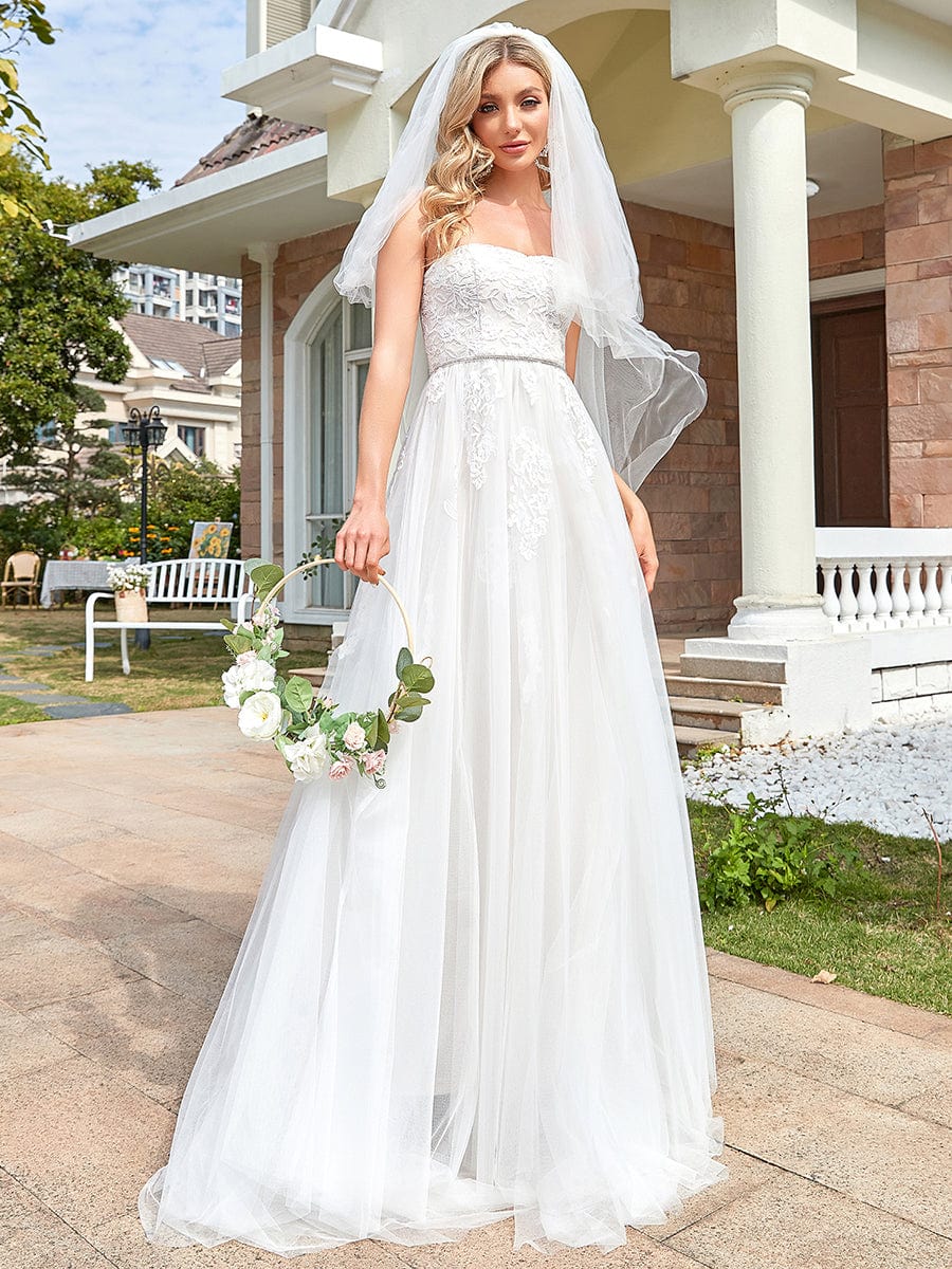 Lace Sweetheart Strapless Tulle Belted A-line Wedding Dress #color_Ivory