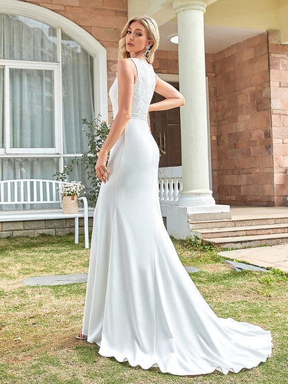 Sleeveless Floral Lace High Neck Side Slit Fishtail Wedding Dress #Color_White