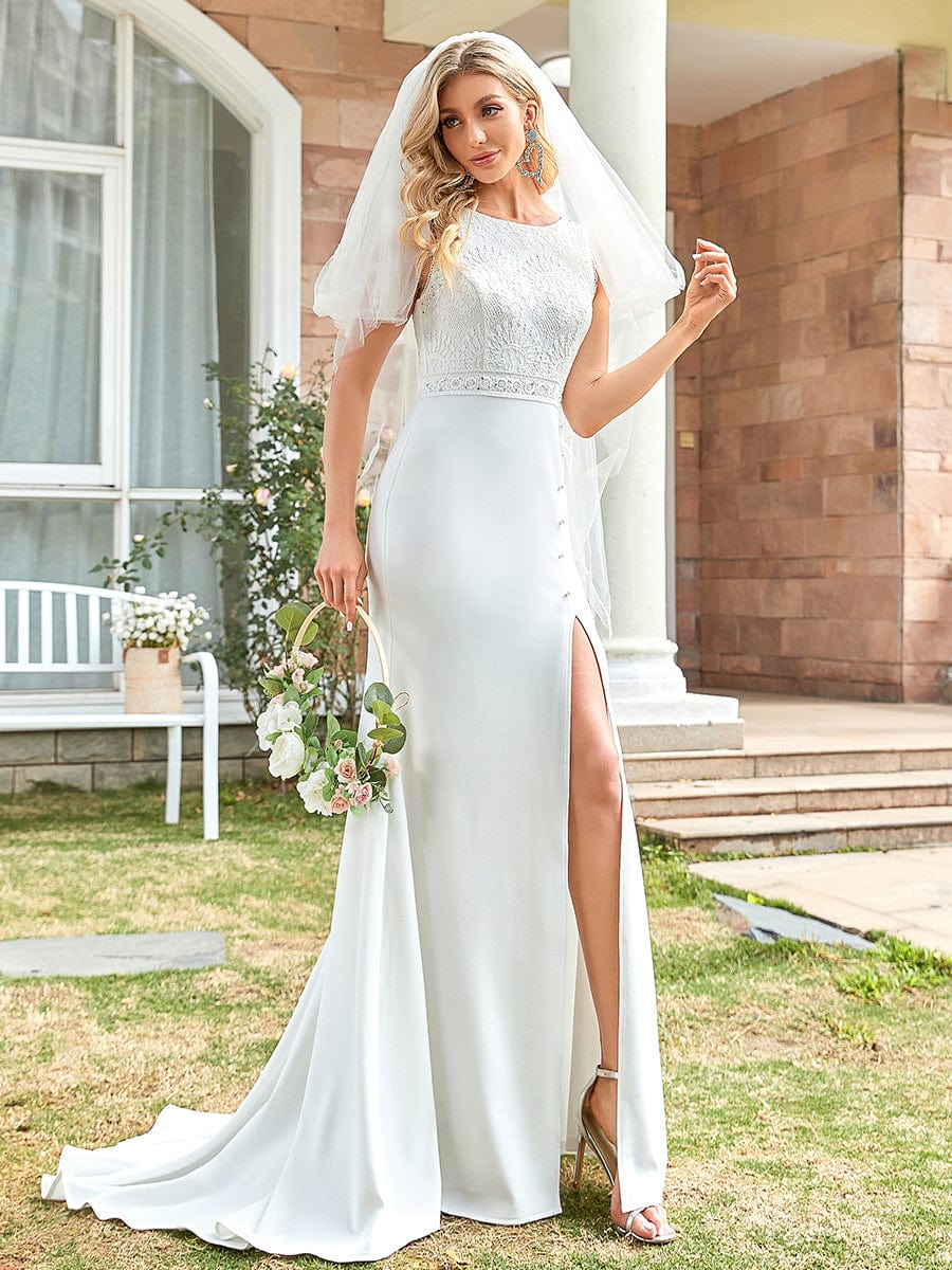 Sleeveless Floral Lace High Neck Side Slit Fishtail Wedding Dress #Color_White