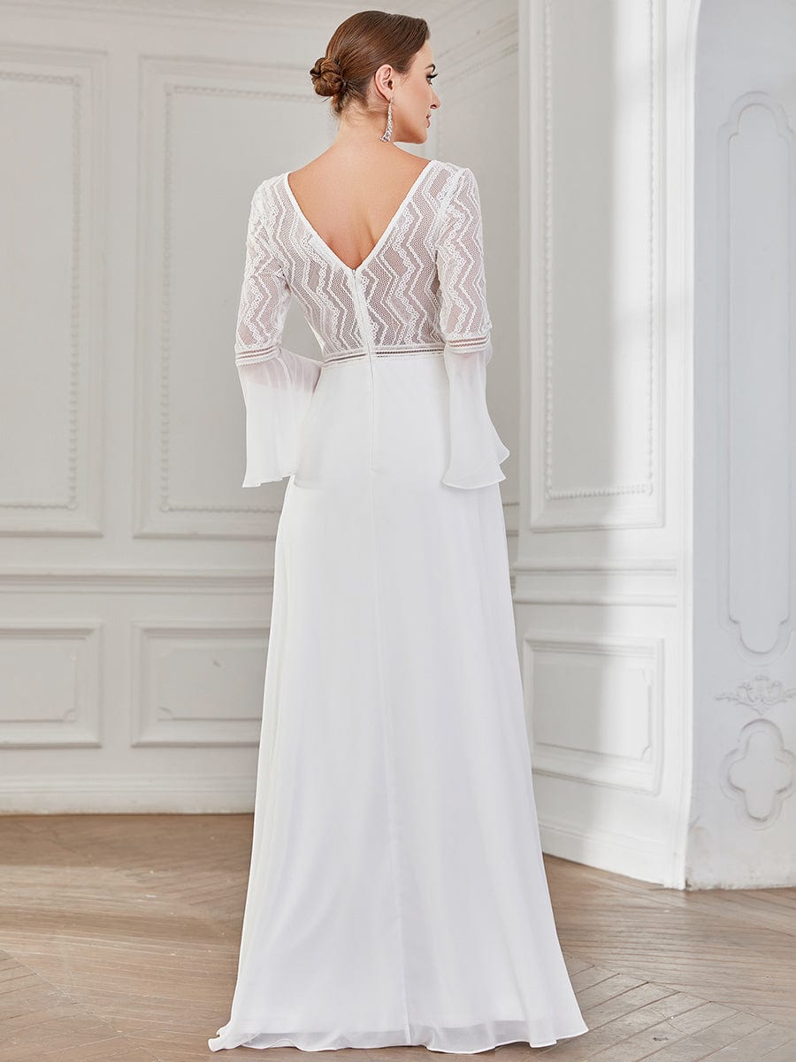 Bell Sleeve Chevron Lace V-Neck A-Line Wedding Dress #Color_White