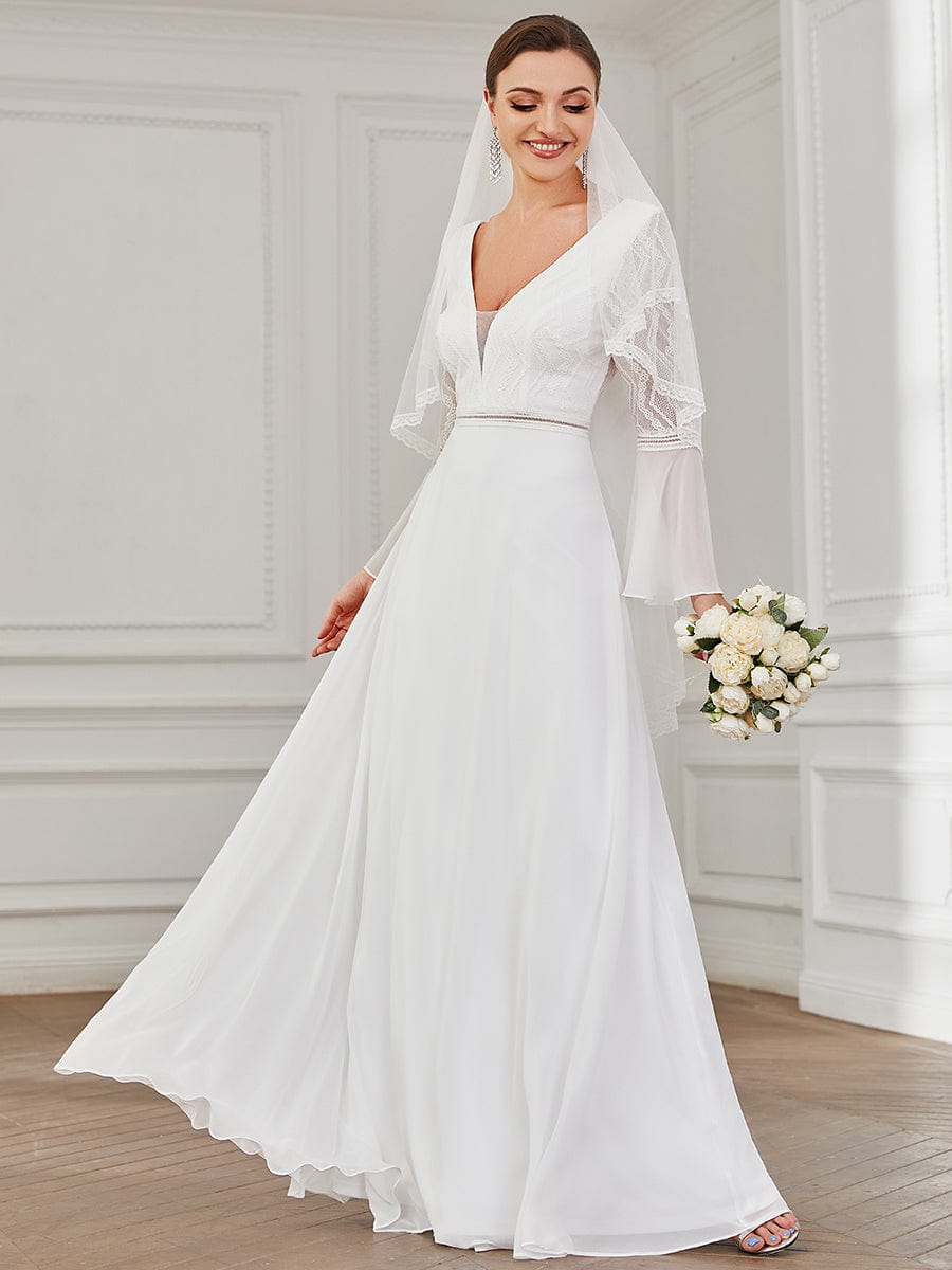 Bell Sleeve Chevron Lace V-Neck A-Line Wedding Dress #Color_White