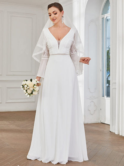 Bell Sleeve Chevron Lace V-Neck A-Line Wedding Dress #Color_White