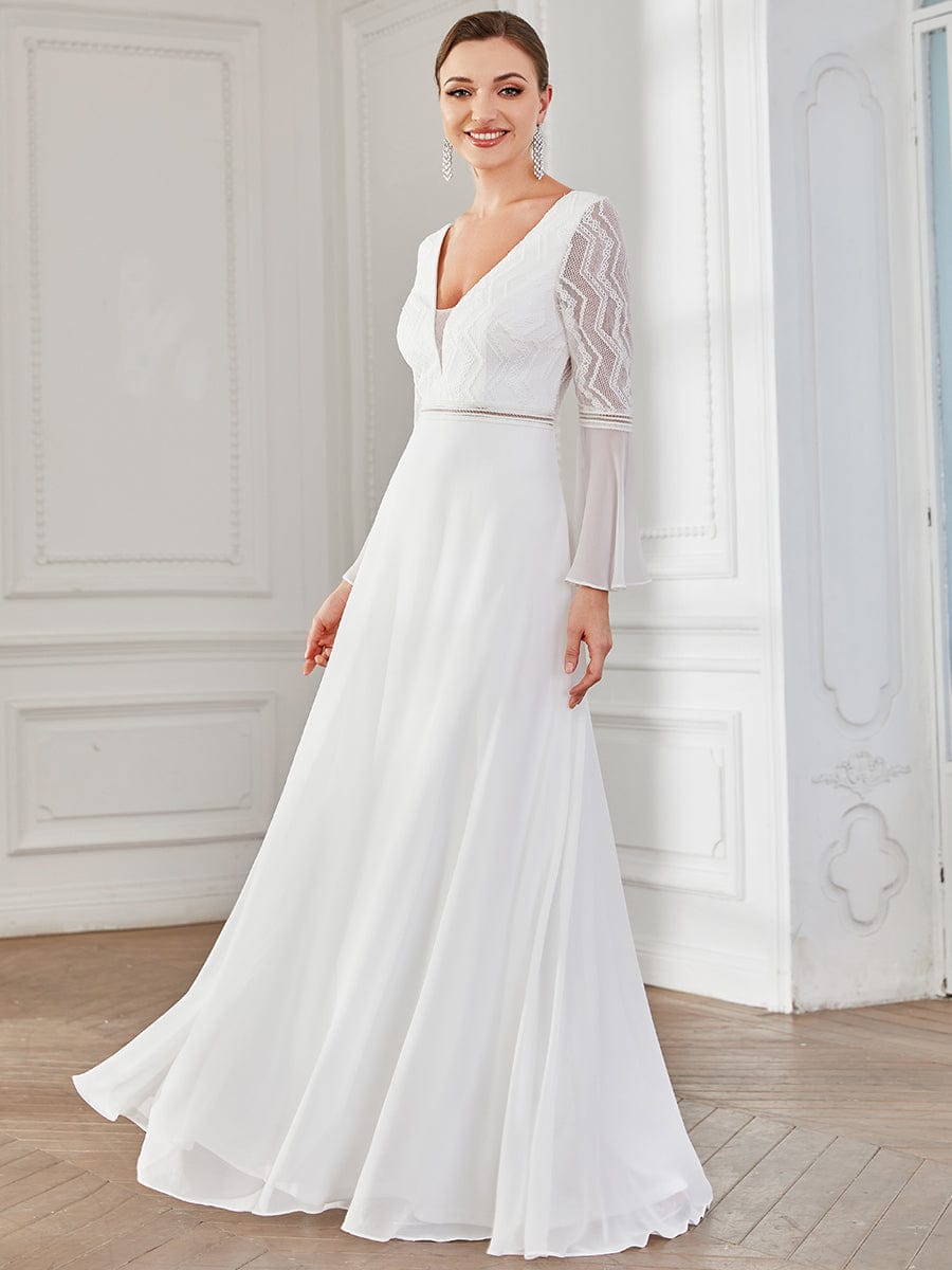 Bell Sleeve Chevron Lace V-Neck A-Line Wedding Dress