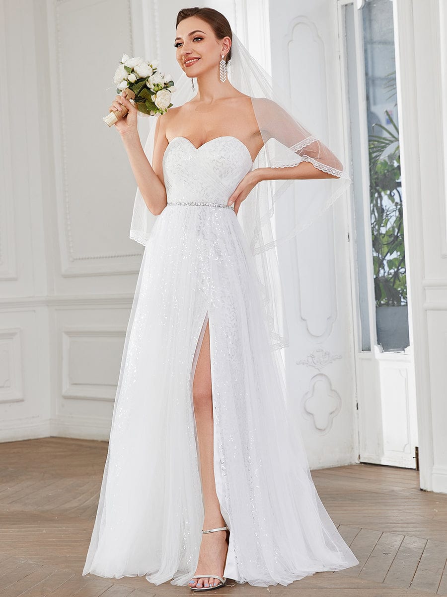 Strapless Sweetheart Lace Corset Back Side Slit Wedding Dress #color_White