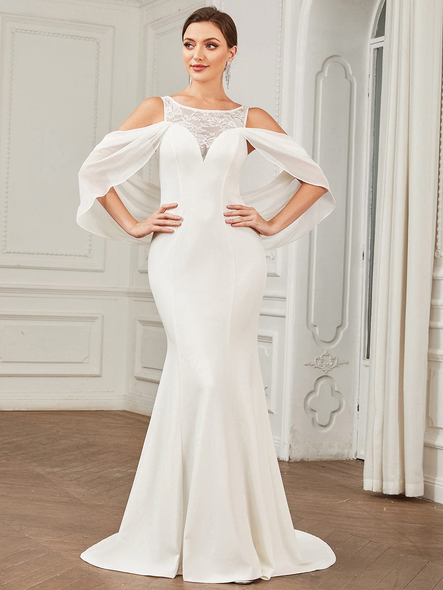 Chiffon Cold Shoulder Draped Sleeve Lace Fishtail Wedding Dress #Color_White