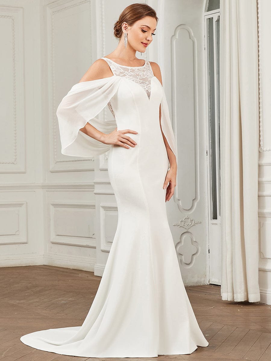 Chiffon Cold Shoulder Draped Sleeve Lace Fishtail Wedding Dress #Color_White