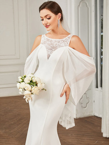 Chiffon Cold Shoulder Draped Sleeve Lace Fishtail Wedding Dress #Color_White