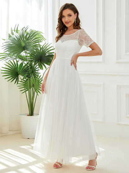 Short Sleeve Corset Lace-Up A-Line Wedding Dress #Color_White