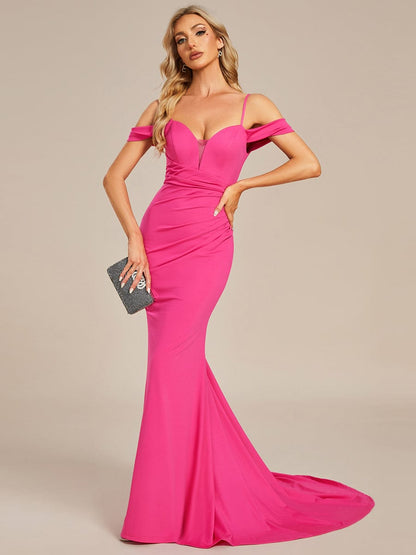 Spaghetti Strap Mermaid Pleated Deep V-Neck Wedding Dress #color_Hot Pink