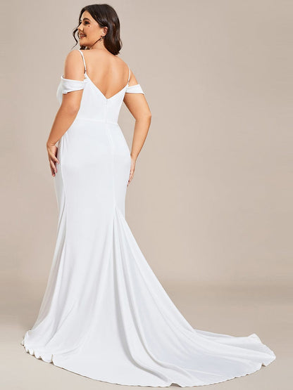 Spaghetti Strap Mermaid Pleated Deep V-Neck Wedding Dress #color_White