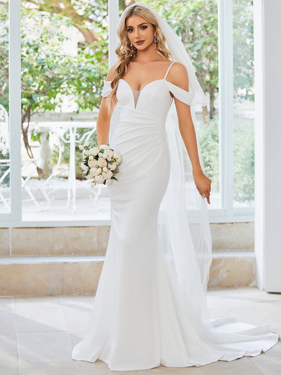 Spaghetti Strap Mermaid Pleated Deep V-Neck Wedding Dress #color_White