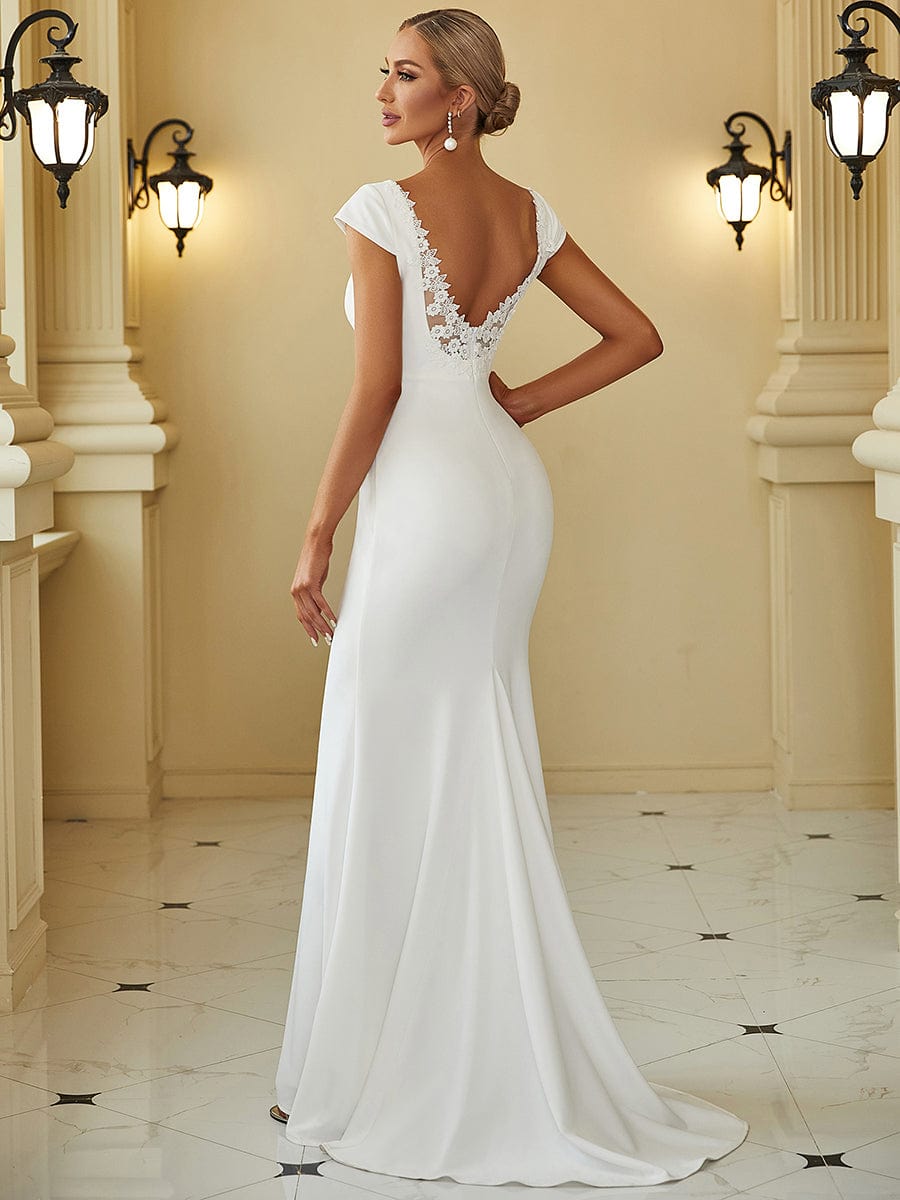 Cap Sleeve Deep V-Neck Backless Fishtail Wedding Dress #color_White 