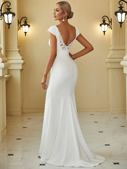 Cap Sleeve Deep V-Neck Backless Fishtail Wedding Dress #color_White 