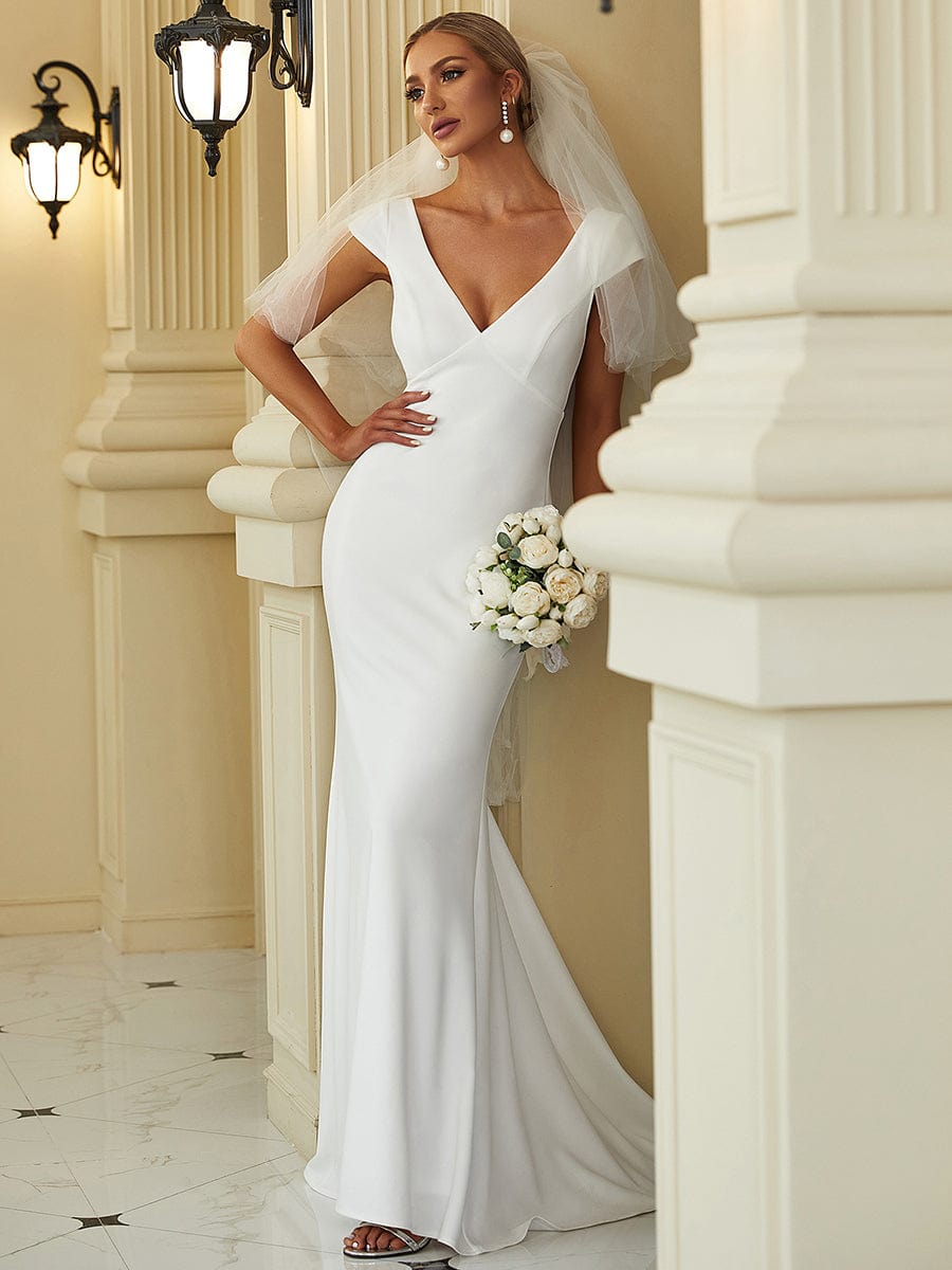 Cap Sleeve Deep V-Neck Backless Fishtail Wedding Dress #color_White 