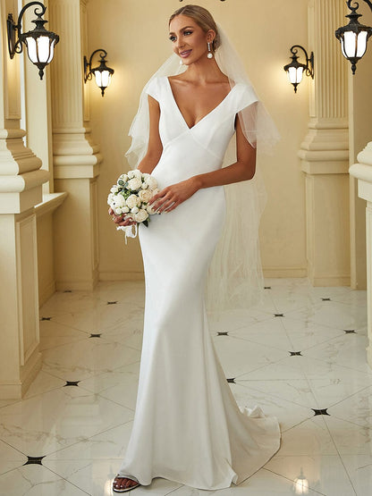 Cap Sleeve Deep V-Neck Backless Fishtail Wedding Dress #color_White 